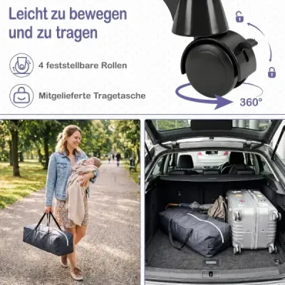 Skládací dětská postýlka, cestovní postýlka na kolečkách s brzdou, dětská kolébka s odnímatelným přebalovacím pultem, šedá