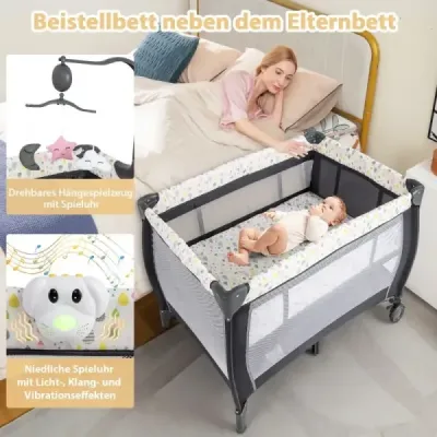 Cestovní postýlka 3v1 s rozkládacím bočním lůžkem a barevnou hrací skříňkou pro zavěšení na matraci
