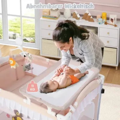 Dětská postýlka 4 v 1 s odnímatelným nebesem, cestovní postýlka s matrací, boční postel s kolečky, růžová