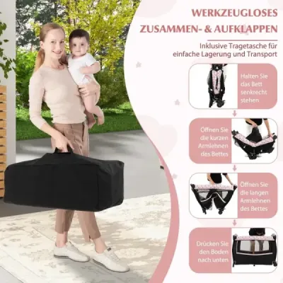 Cestovní postýlka 4 v 1 s matrací Skládací postýlka s nastavitelnou stříškou Růžové květy