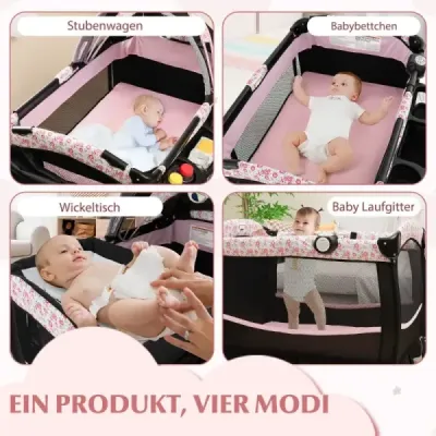 Cestovní postýlka 4 v 1 s matrací Skládací postýlka s nastavitelnou stříškou Růžové květy