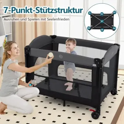 Dětská cestovní postýlka 5 v 1 s matrací a přebalovací podložkou a moskytiérou a hracím obloukem