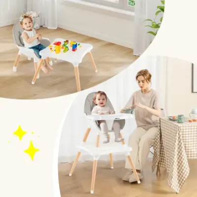 Dětská jídelní židlička pro miminka a batolata, sada židliček 6 v 1 s rozkládacím stolkem a stavebnicovým stolkem, šedá