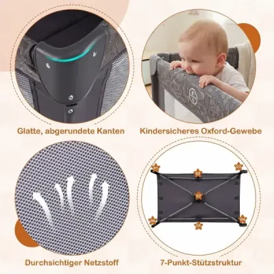Cestovní postýlka 5 v 1 s přebalovací podložkou, 2 bezpečnostními popruhy a ohrádkou, dětská postýlka se 3 úrovněmi nastavení výšky