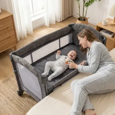 Cestovní postýlka 5 v 1 s přebalovací podložkou, 2 bezpečnostními popruhy a ohrádkou, dětská postýlka se 3 úrovněmi nastavení výšky