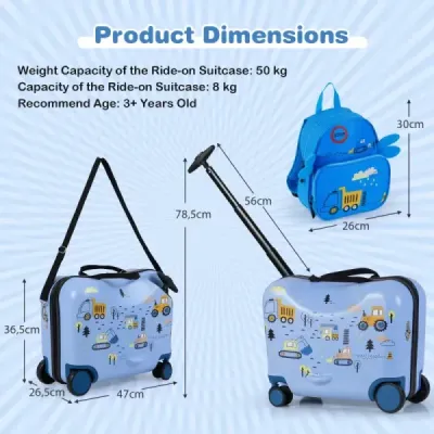 2dílný dětský kufr + batoh 47 cm dlouhý kufr na kolečkách a 30 cm široký batoh bagr