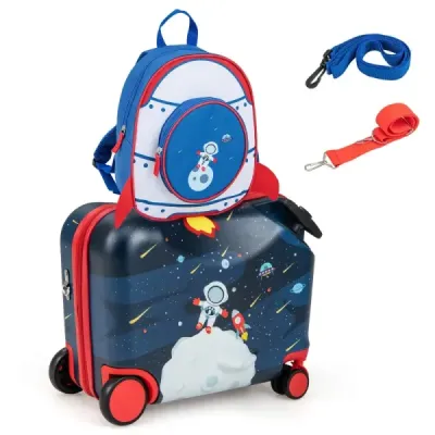 2-dílný dětský kufr + batoh 47 cm dlouhý kufr na kolečkách a 30 cm široký batoh 12"+18" astronauti