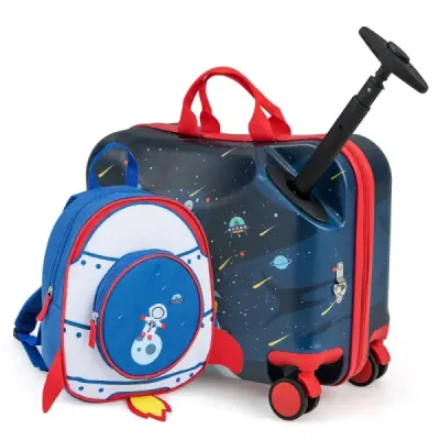 2-dílný dětský kufr + batoh 47 cm dlouhý kufr na kolečkách a 30 cm široký batoh 12"+18" astronauti