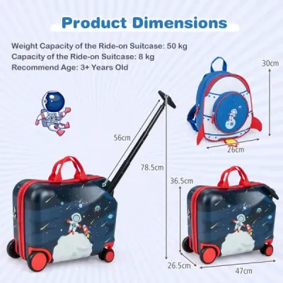 2-dílný dětský kufr + batoh 47 cm dlouhý kufr na kolečkách a 30 cm široký batoh 12"+18" astronauti