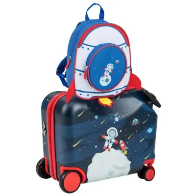 2-dílný dětský kufr + batoh 47 cm dlouhý kufr na kolečkách a 30 cm široký batoh 12"+18" astronauti