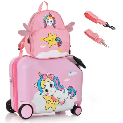 2tlg Kinderkoffer + Rucksack 47 cm Langer Aufsitzkoffer und 30 cm Breiter Rucksack Rosa Einhorn