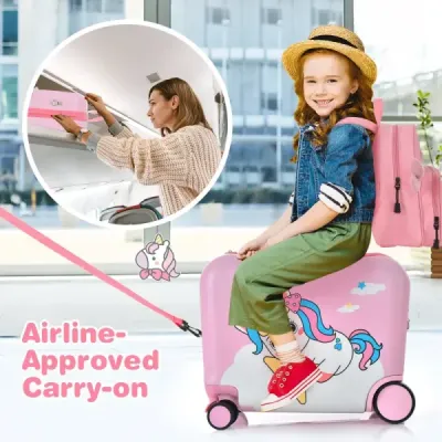 2tlg Kinderkoffer + Rucksack 47 cm Langer Aufsitzkoffer und 30 cm Breiter Rucksack Rosa Einhorn