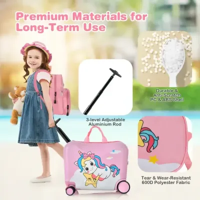 2tlg Kinderkoffer + Rucksack 47 cm Langer Aufsitzkoffer und 30 cm Breiter Rucksack Rosa Einhorn