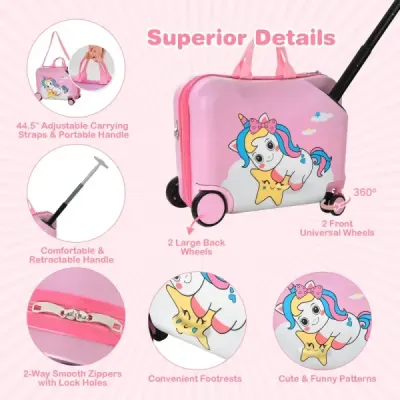 2tlg Kinderkoffer + Rucksack 47 cm Langer Aufsitzkoffer und 30 cm Breiter Rucksack Rosa Einhorn