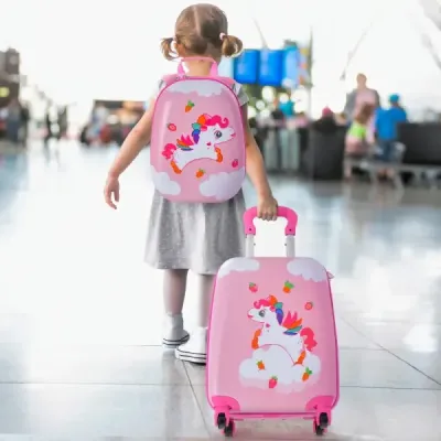 2-dílný dětský kufr + plastový batoh dětský vozík dětská zavazadla 12"+16" růžový jednorožec