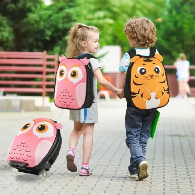 2 TLG dětský kufr a batoh s kolečky a 3-stupňovou teleskopickou rukojetí 12"+16" dětský vozík sova