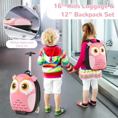 2 TLG dětský kufr a batoh s kolečky a 3-stupňovou teleskopickou rukojetí 12"+16" dětský vozík sova