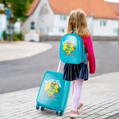 Dvoudílná sada dětských kufrů, dětská zavazadla s kolečky, 16" příruční zavazadlo a 13" batoh s pevnou skořepinou, dinosauří modrá