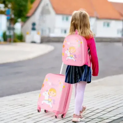 Dvoudílná sada dětských kufrů, dětské zavazadlo s kolečky, příruční zavazadlo 16" a batoh s pevnou skořepinou 13", růžoví jednorožci