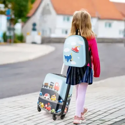 2dílná sada dětských kufrů, dětská zavazadla s kolečky, příruční zavazadlo 16" a batoh s pevnou skořepinou 13", modrá transportní