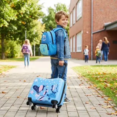 2dílná dětská sada – kufr a batoh, 12" + 18", dětský kufr na kolečkách s voděodolnou tvrdou skořepinou, modrý (dinosaury)