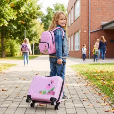 2dílná dětská sada – kufr a batoh, 12" + 18", dětský kufr na kolečkách s voděodolnou tvrdou skořepinou, růžový (flamingo)