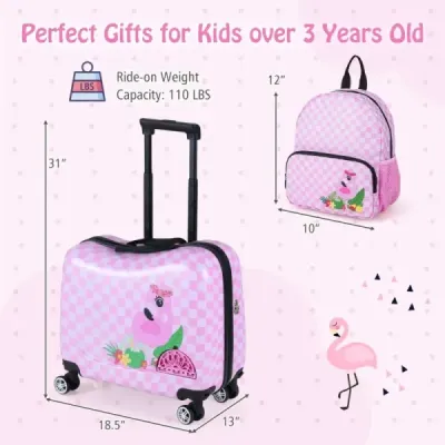 2dílná dětská sada – kufr a batoh, 12" + 18", dětský kufr na kolečkách s voděodolnou tvrdou skořepinou, růžový (flamingo)