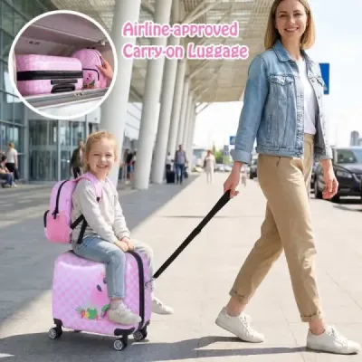 2dílná dětská sada – kufr a batoh, 12" + 18", dětský kufr na kolečkách s voděodolnou tvrdou skořepinou, růžový (flamingo)