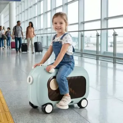 Pohyblivý kufřík pro batolata s kolečky, sklopnými bočními pedály a sedátkem, nosnost 25 kg, modrý
