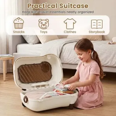 Pohyblivý kufřík pro batolata s kolečky, výklopnými bočními pedály a sedátkem, nosnost 25 kg, hnědý