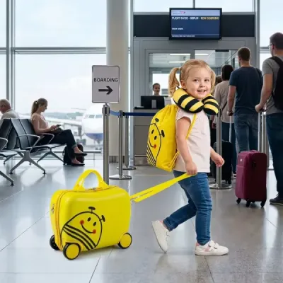 3dílná sada dětských kufrů, dětský vozík ve tvaru včely k sezení, pro děti od 3 let, žlutý