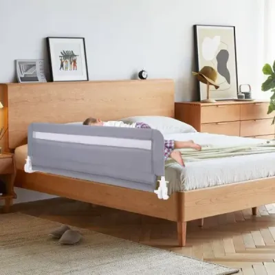 Zábrana do postele pro batolata 120 cm skládací zábrana do dětské postele se snímatelným a pratelným potahem šedá