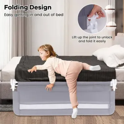 Zábrana do postele pro batolata 120 cm skládací zábrana do dětské postele se snímatelným a pratelným potahem šedá