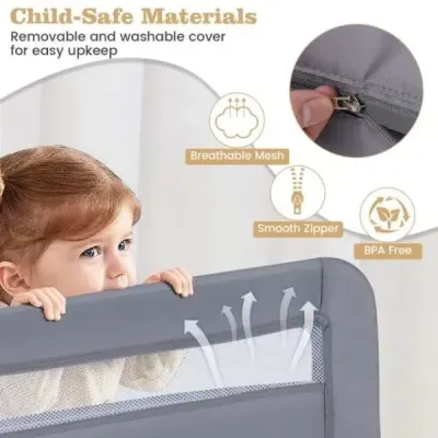 Zábrana do postele pro batolata 100 cm skládací zábrana do dětské postele se snímatelným a pratelným potahem Šedá barva