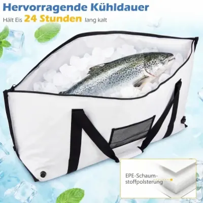 122 cm izolovaná taška na ryby z PVC, nepropustná, chladicí, 24hodinový vypouštěcí ventil, na rybaření, bílá