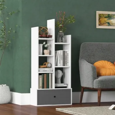 7-patrová otevřená knihovna se zásuvkou 53 x 24 x 118 cm bílá