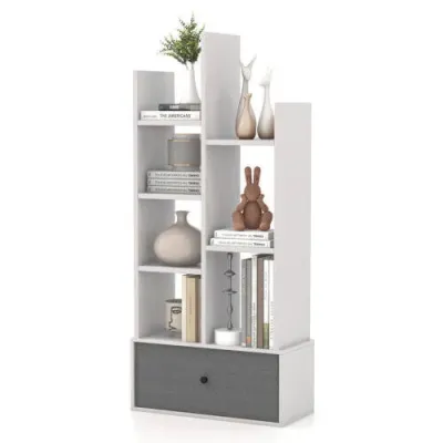 7-patrová otevřená knihovna se zásuvkou 53 x 24 x 118 cm bílá