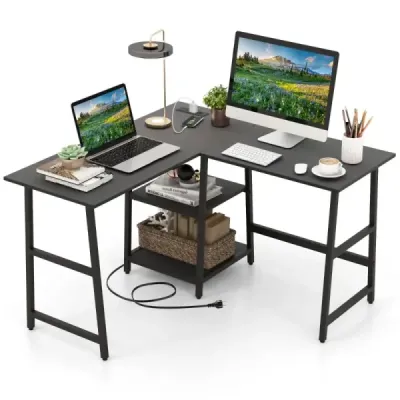 Schreibtisch L-Form Eckschreibtisch mit Steckdosen & USB-Anschlüssen 120 x 120 x 75 cm Schwarz