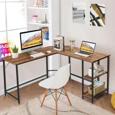 Psací stůl ve tvaru L pro domácí kancelář se 2 policemi 138 x 138 x 75,5 cm kávově hnědý + černý