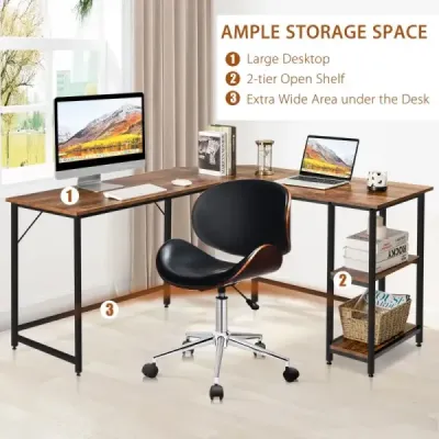 Psací stůl ve tvaru L pro domácí kancelář se 2 policemi 138 x 138 x 75,5 cm kávově hnědý + černý