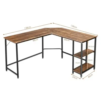 Psací stůl ve tvaru L pro domácí kancelář se 2 policemi 138 x 138 x 75,5 cm kávově hnědý + černý