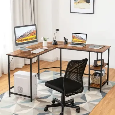 Psací stůl ve tvaru L pro domácí kancelář se 2 policemi 138 x 138 x 75,5 cm kávově hnědý + černý