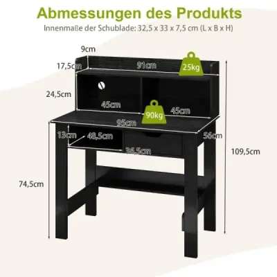 Psací stůl s elektrickými zásuvkami Malý počítačový stůl s horní deskou 95 x 56 x 109,5 cm Černý
