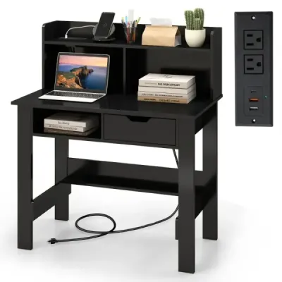 Psací stůl s elektrickými zásuvkami Malý počítačový stůl s horní deskou 95 x 56 x 109,5 cm Černý