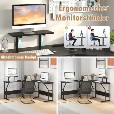 Stůl ve tvaru L se zásuvkou a Pohyblivý stojan na monitor rohový počítačový stůl černý
