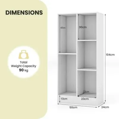 Regál s 5 přihrádkami Stojící regál Kostka Kancelářský regál Úložný regál do obývacího pokoje 50 x 24 x 104 cm Bílý