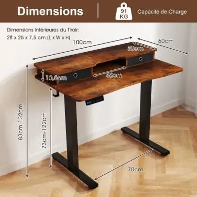 Výškově nastavitelný elektrický počítačový stůl Stojící stůl s podstavcem pro monitor 100 x 60 cm Hnědý
