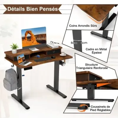 Výškově nastavitelný elektrický počítačový stůl Stojící stůl s podstavcem pro monitor 100 x 60 cm Hnědý