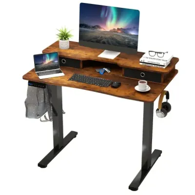 Výškově nastavitelný elektrický počítačový stůl Stojící stůl s podstavcem pro monitor 100 x 60 cm Hnědý