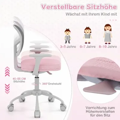 Ergonomická dětská židle k psacímu stolu s nastavitelnou výškou a samozamykacími kolečky, růžová